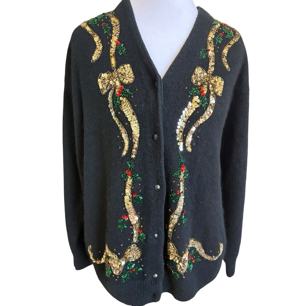 VTG 90s Black Silk Christmas Cardigan Sequin Beaded Jewels Luxury Plus Sz 2X - Picture 13 of 16